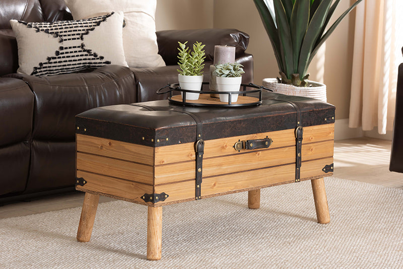 Baxton Studio Amena Rustic Transitional Dark Brown PU Leather Upholstered and Oak Finished Wood Large Storage Ottoman