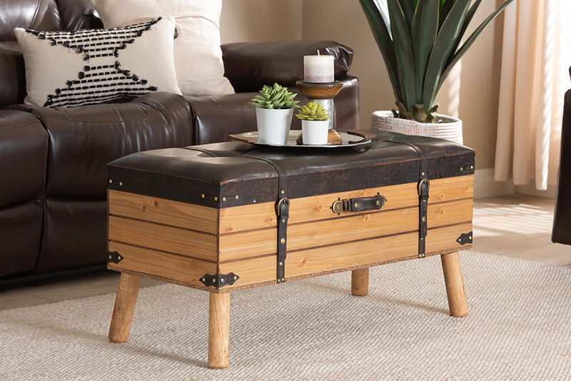 Baxton Studio Amena Rustic Transitional Dark Brown PU Leather Upholstered and Oak Finished Wood Large Storage Ottoman