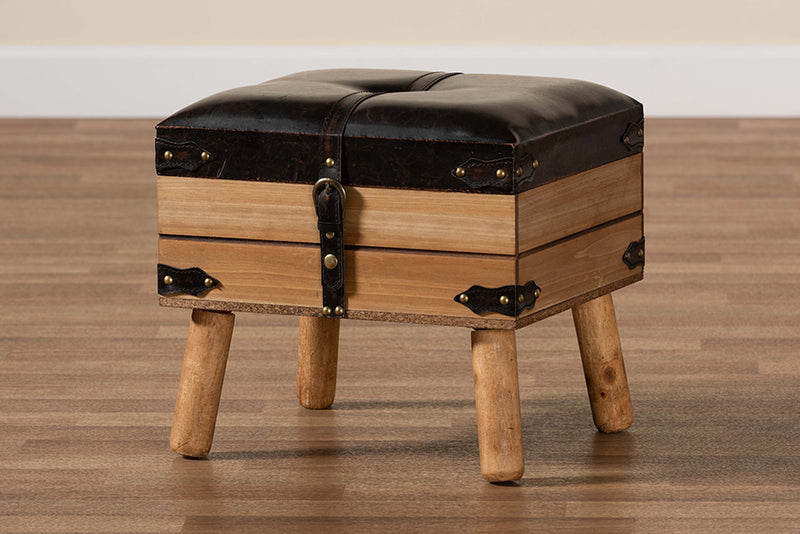 Baxton Studio Amena Rustic Transitional Dark Brown PU Leather Upholstered and Oak Finished Wood Small Storage Ottoman