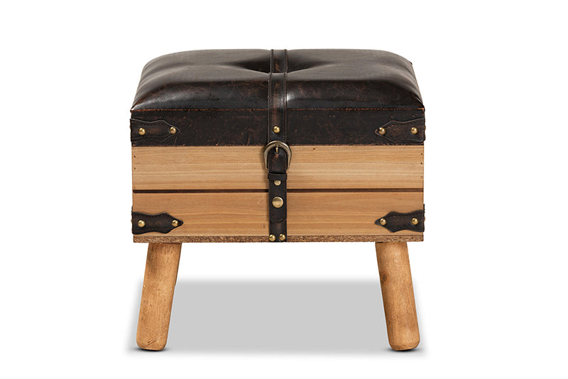 Baxton Studio Amena Rustic Transitional Dark Brown PU Leather Upholstered and Oak Finished Wood Small Storage Ottoman