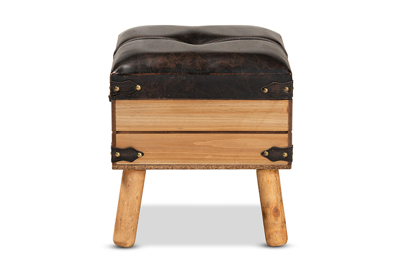 Baxton Studio Amena Rustic Transitional Dark Brown PU Leather Upholstered and Oak Finished Wood Small Storage Ottoman