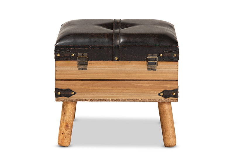 Baxton Studio Amena Rustic Transitional Dark Brown PU Leather Upholstered and Oak Finished Wood Small Storage Ottoman