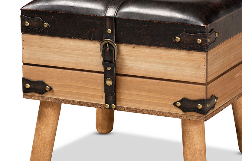 Baxton Studio Amena Rustic Transitional Dark Brown PU Leather Upholstered and Oak Finished Wood Small Storage Ottoman
