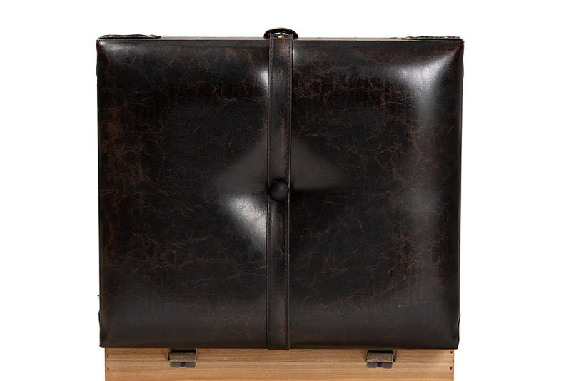 Baxton Studio Amena Rustic Transitional Dark Brown PU Leather Upholstered and Oak Finished Wood Small Storage Ottoman