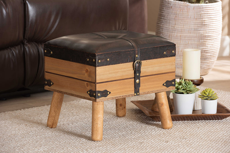 Baxton Studio Amena Rustic Transitional Dark Brown PU Leather Upholstered and Oak Finished Wood Small Storage Ottoman