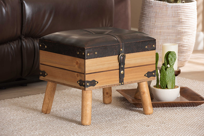 Baxton Studio Amena Rustic Transitional Dark Brown PU Leather Upholstered and Oak Finished Wood Small Storage Ottoman