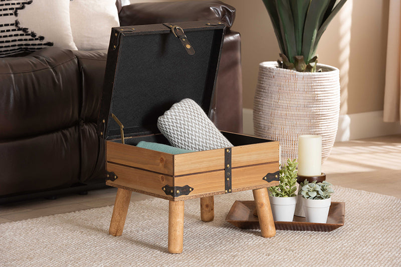 Baxton Studio Amena Rustic Transitional Dark Brown PU Leather Upholstered and Oak Finished Wood Small Storage Ottoman