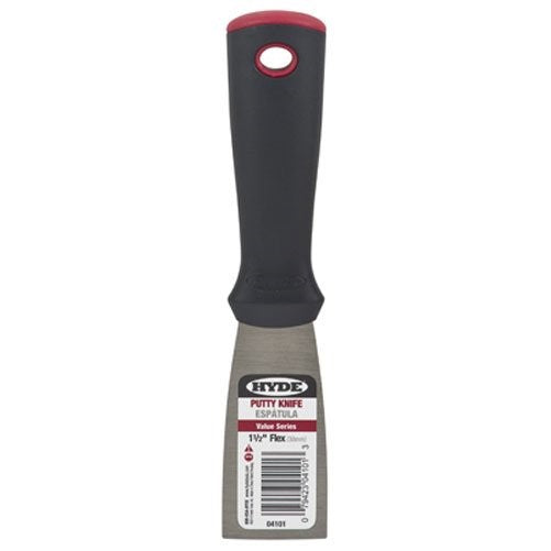 HYDE TOOLS 4101 1-1/2" Putty Knife - Flexible Blade - High Carbon Steel Blade is Tempered and Satin Finished - Handle is Reinforced Polypropylene and is Solvent Resistant