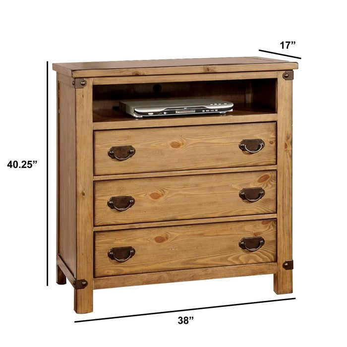 Cottage Style Wooden Media Chest with Three Drawers, Brown