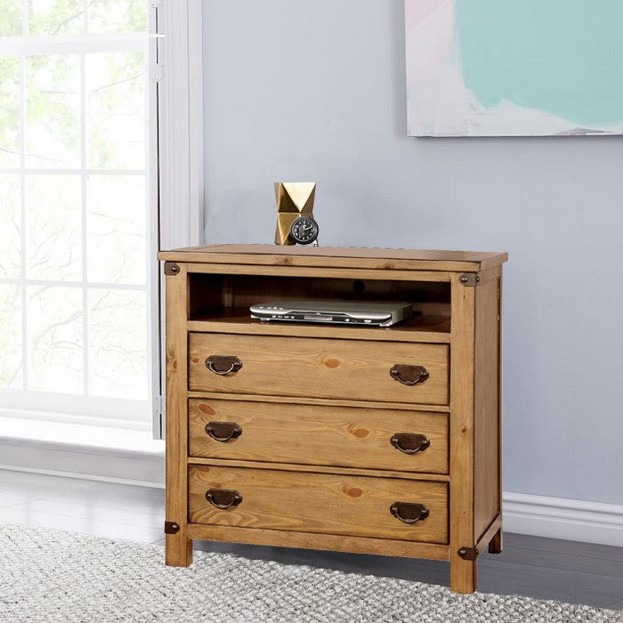 Cottage Style Wooden Media Chest with Three Drawers, Brown