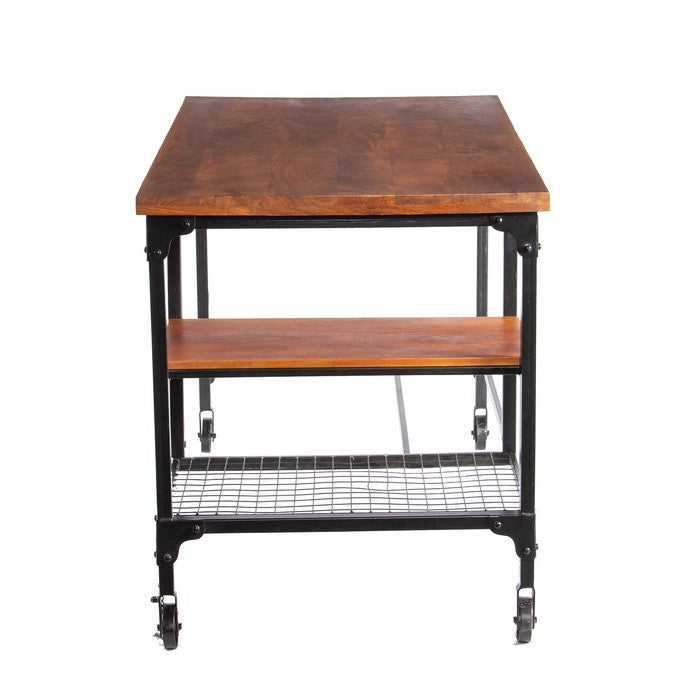 Industrial Style Wooden Desk With Two Bottom Shelves, Brown And Black