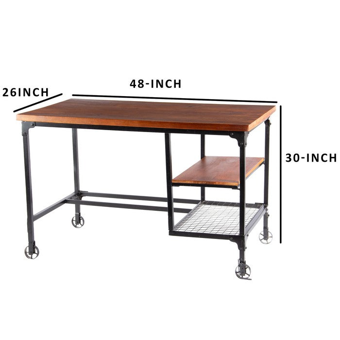 Industrial Style Wooden Desk With Two Bottom Shelves, Brown And Black