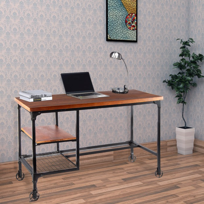 Industrial Style Wooden Desk With Two Bottom Shelves, Brown And Black