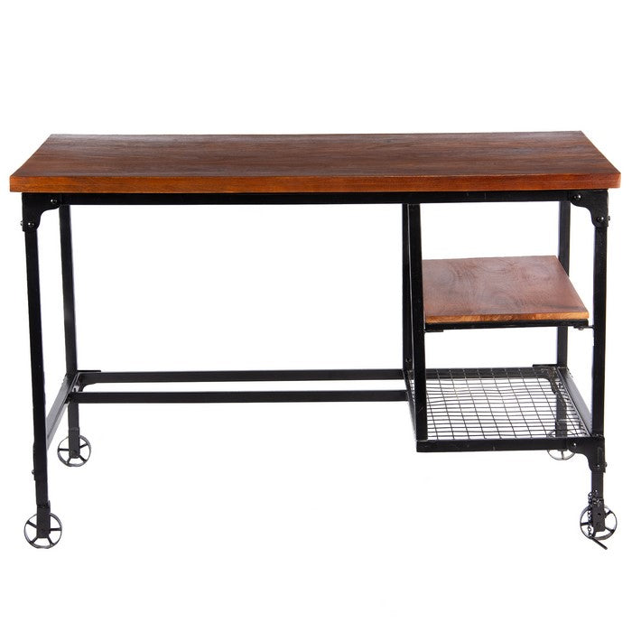 Industrial Style Wooden Desk With Two Bottom Shelves, Brown And Black