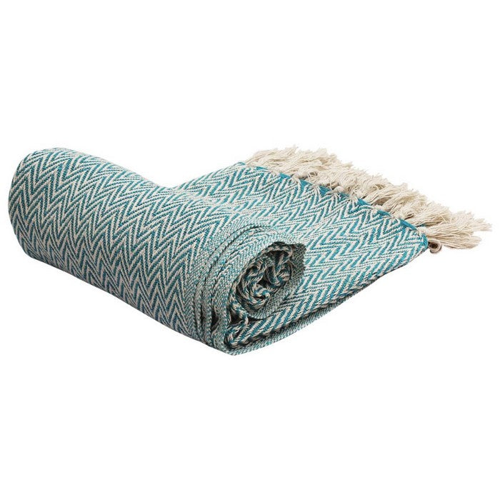 Benzara Soft Knitted Cotton Throw Blanket With Tassels, Blue And White