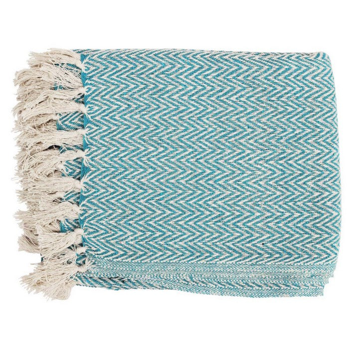 Benzara Soft Knitted Cotton Throw Blanket With Tassels, Blue And White