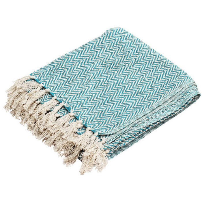 Benzara Soft Knitted Cotton Throw Blanket With Tassels, Blue And White