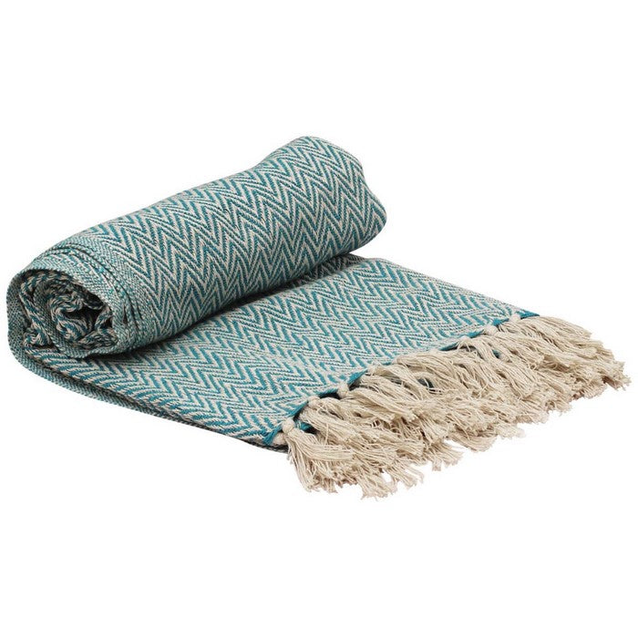 Benzara Soft Knitted Cotton Throw Blanket With Tassels, Blue And White