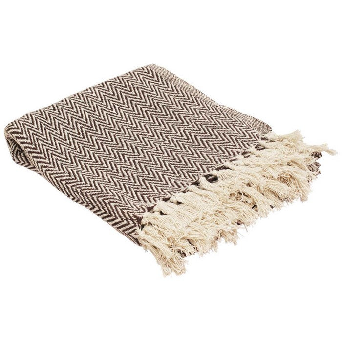 Benzara Soft Knitted Cotton Throw Blanket With Tassels, Brown And White