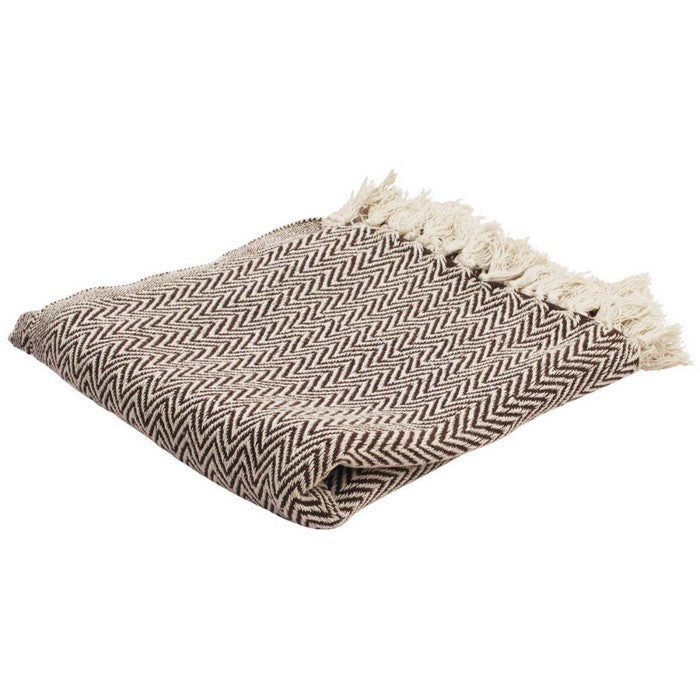 Benzara Soft Knitted Cotton Throw Blanket With Tassels, Brown And White