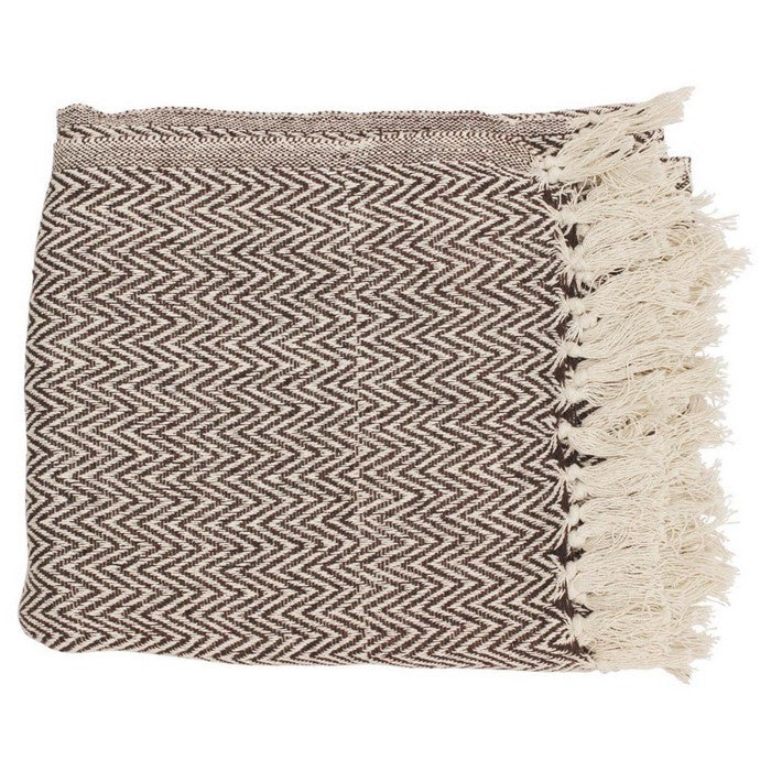 Benzara Soft Knitted Cotton Throw Blanket With Tassels, Brown And White