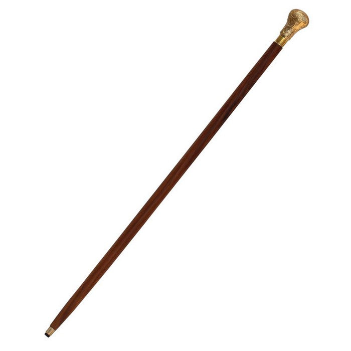 Benzara Wooden Walking Stick Cane With Brass Knob, Brown And Gold