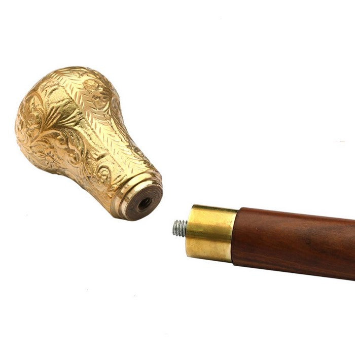Benzara Wooden Walking Stick Cane With Brass Knob, Brown And Gold