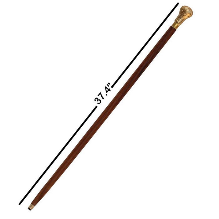 Benzara Wooden Walking Stick Cane With Brass Knob, Brown And Gold