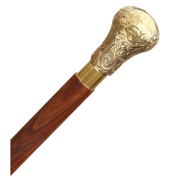 Benzara Wooden Walking Stick Cane With Brass Knob, Brown And Gold