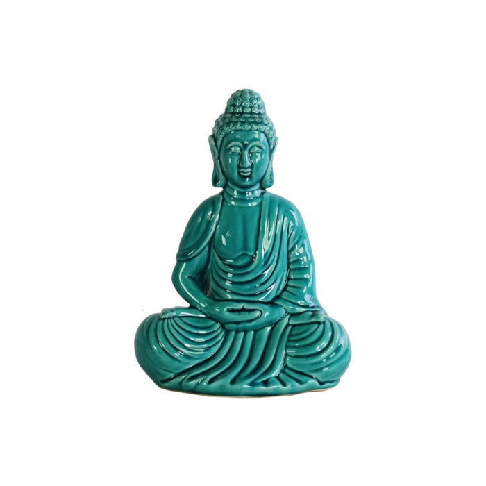 Sitting Buddha Figurine with Rounded Ushnisha in Dhyana Mudra - Blue- Benzara