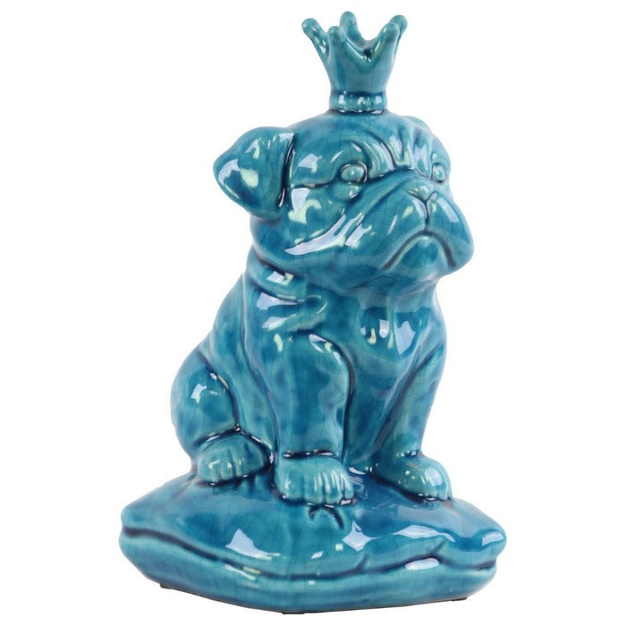 British Bulldog Figurine with Crown Sitting on Cushion - Blue- Benzara