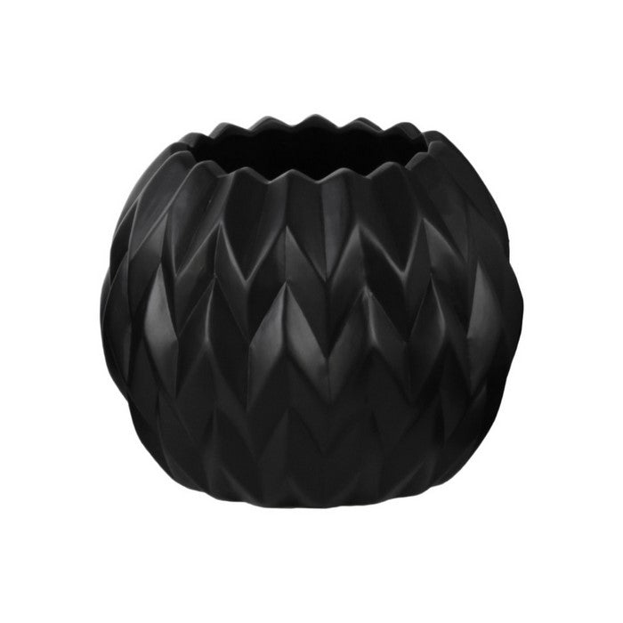 Large Uneven Lip Vase - Embossed Wave Design - Black - Benzara