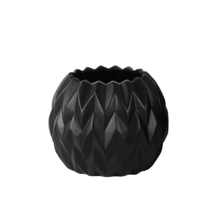 Low and Round Small Vase - Embossed Wave Design - Black - Benzara
