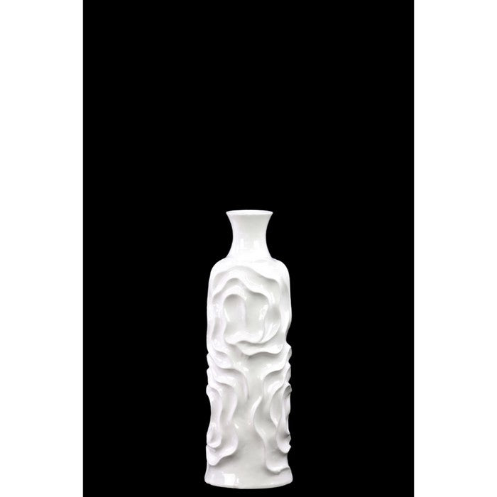 Small Cylindrical Vase with Neck and Wrinkled Sides - White - Benzara