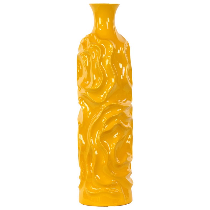 Large Round Cylindrical Vase with Wrinkled Sides - Yellow - Benzara