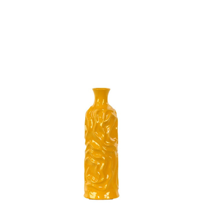 Small Designer Round Vase with Wrinkled Sides - Yellow - Benzara