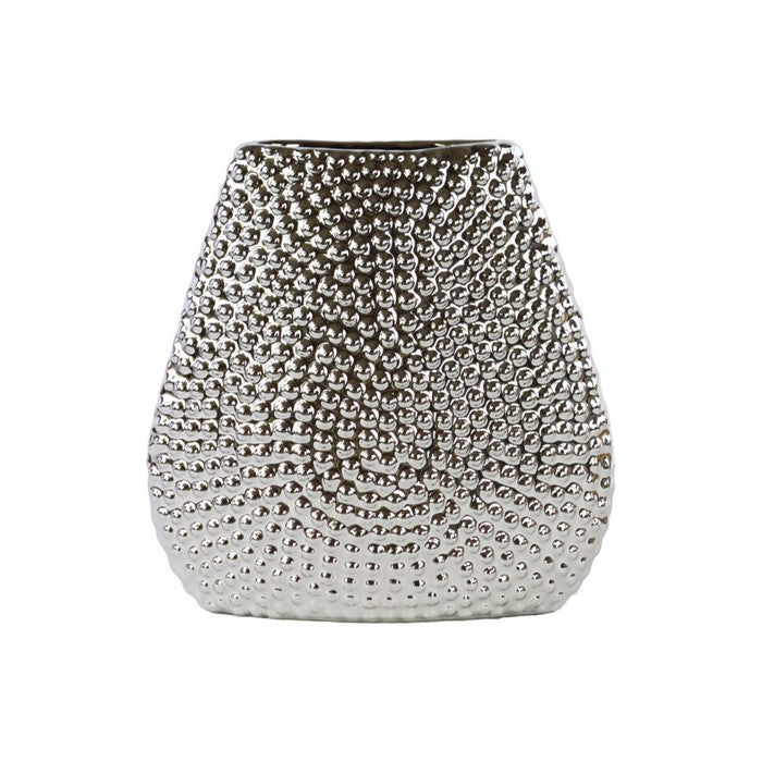 Elliptical Bellied Vase with Bead Design - Silver - Benzara