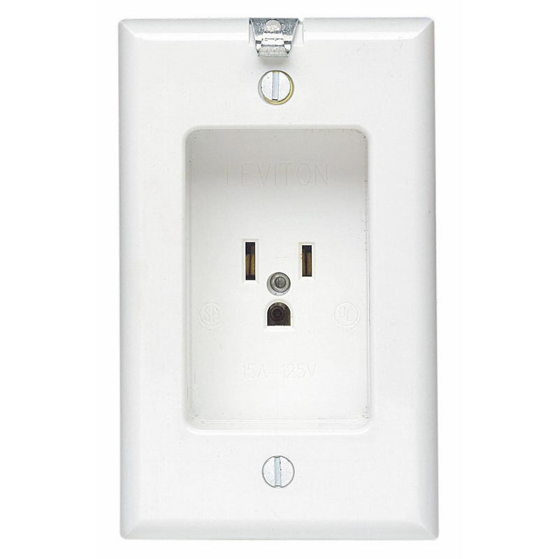 Leviton 688-W 15 Amp, 125 Volt, 1 Gang Recessed Single Receptacle, Residential Grade, with Clock Hanger Hook, White