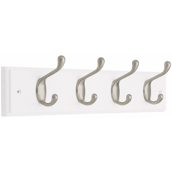 Brainerd RFMR4DJ-WSN-L1 18-Inch Hook Rail/Coat Rack with 4 Heavy Duty Coat and Hat Hooks, White and Satin Nickel