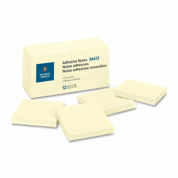 Business Source 3 x 3 Inches Adhesive Notes - Yellow - Pack of 12 - 100 Sheets/Pad (36612)