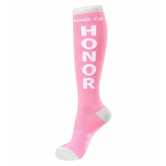 Women's Maid of Honor Fun Bachelorette Novelty Party Wear Cotton Athletic Sport Fashion Novelty Knee High Tube Socks, Pink / White, One Size