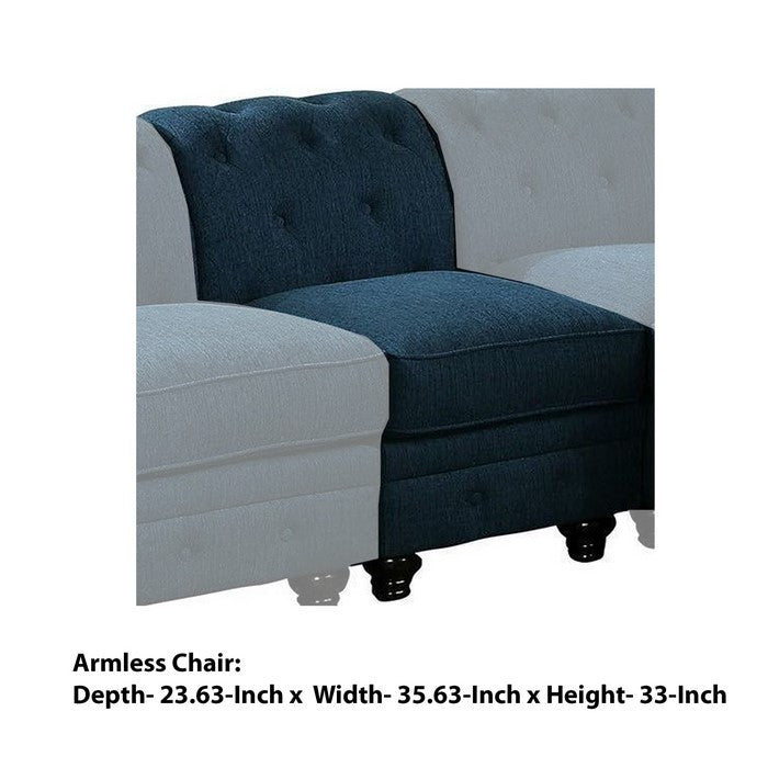 Fabric Upholstered Wooden Armless Chair with Bun Feet, Teal Blue and Brown