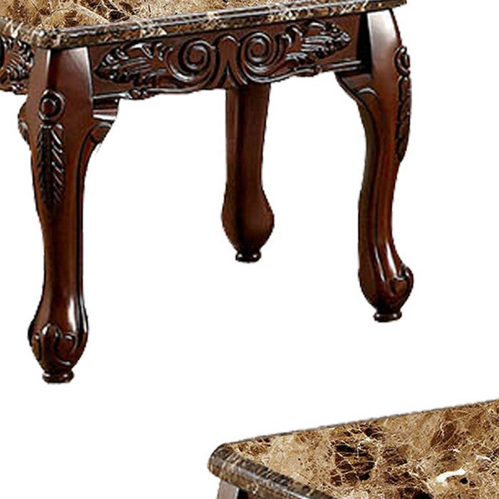 3 PIECE TABLE SET With Marble Table Top, Dark Oak Brown