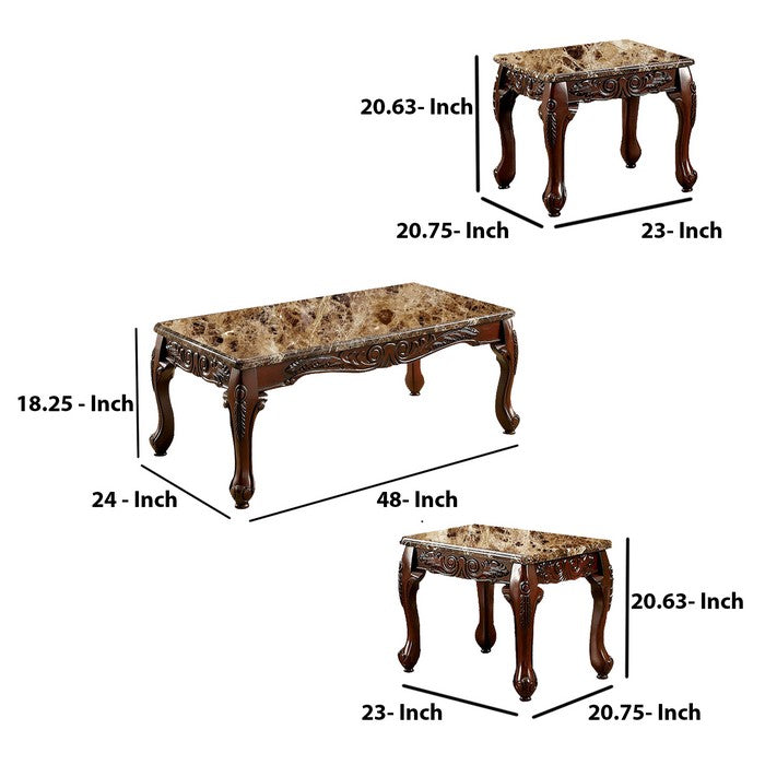 3 PIECE TABLE SET With Marble Table Top, Dark Oak Brown