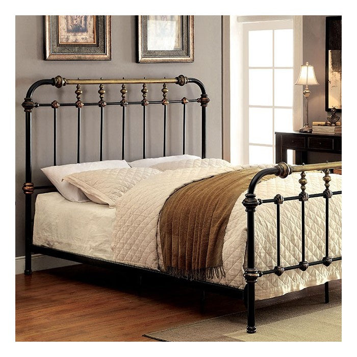 Metal Eastern King Bed with Gold Accent, Black
