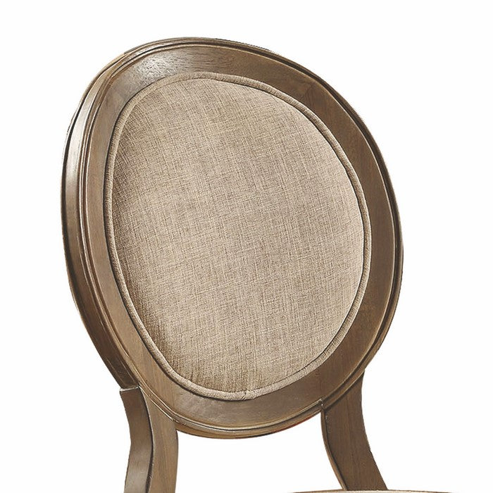 Fabric Upholstered Wooden Side Chair with Round Design Backrest, Set of 2, Brown and Beige