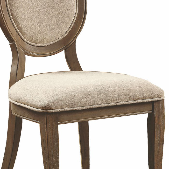 Fabric Upholstered Wooden Side Chair with Round Design Backrest, Set of 2, Brown and Beige