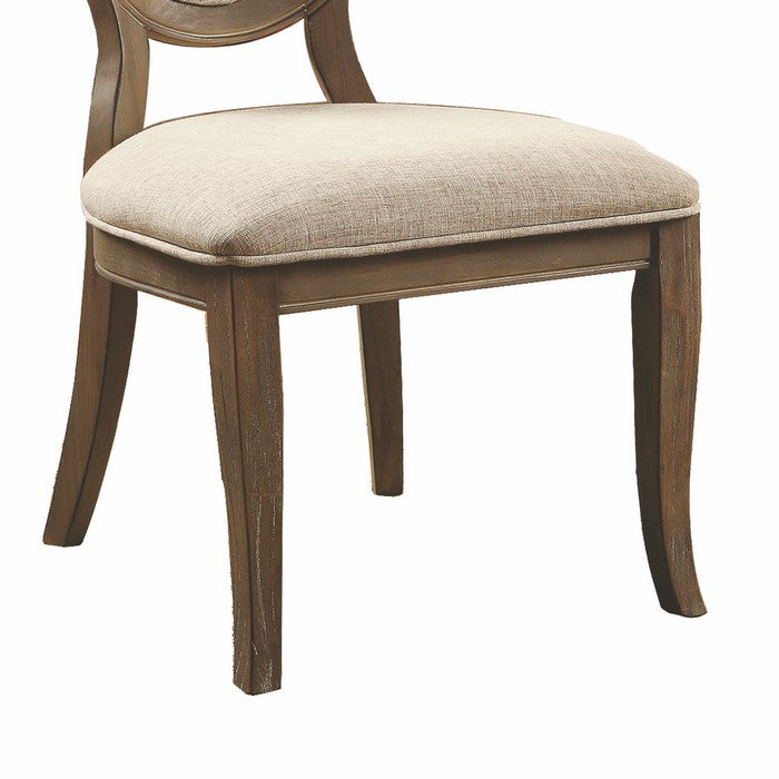 Fabric Upholstered Wooden Side Chair with Round Design Backrest, Set of 2, Brown and Beige