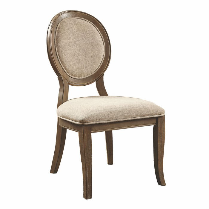 Fabric Upholstered Wooden Side Chair with Round Design Backrest, Set of 2, Brown and Beige