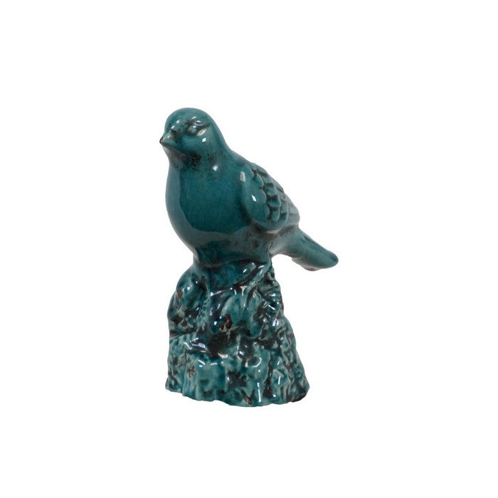 Bird Figurine on a Tree Stump Gloss Finish - Blue - Benzara